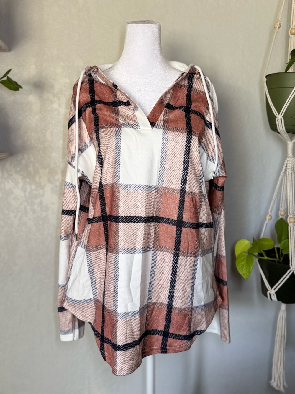 Plaid Hooded Long-Sleeve Top - Rust/White
